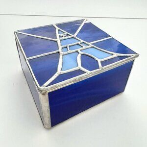 Stained Glass Trinket Jewelry Box Eiffel Tower Paris France 2 tone Blues Signed